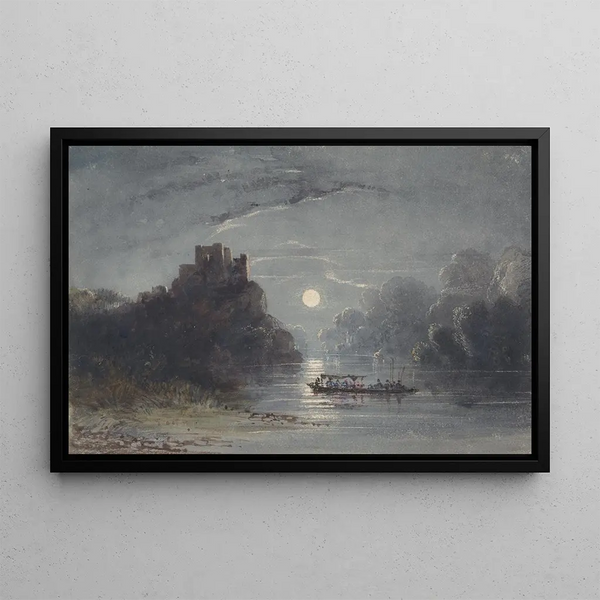 River scene by moonlight - Newton Limbird Smith Fielding — framed artwork on a wall