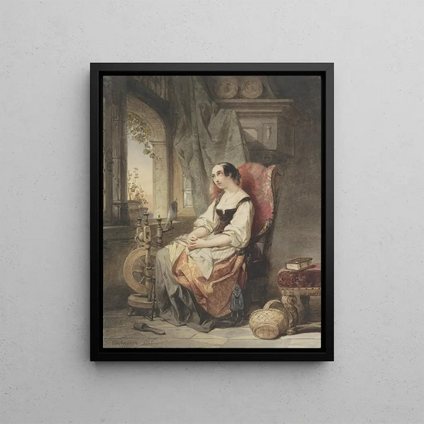 Grete sitting at the spinning wheel near an open window - Nicaise De Keyser — framed artwork on a wall