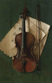 Still life with violin bow and sheet music - Nicholas Alden Brooks — framed artwork on a wall