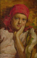 Portrait of a young girl with a red scarf - Nicholas B. Haritonoff — artwork view