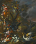 Nature morte en plein air avec des oiseaux à côté d'une fontaine sculptée ornée - Nicola Casissa — artwork view