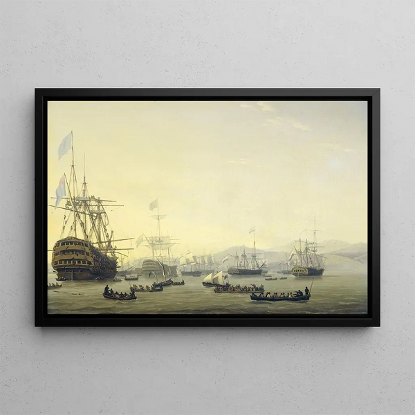 War Council Painting on board the Queen Charlotte commanded by Lord Exmouth before the bombardment of Algiers on August 26, 1816 - Nicolaas Baur — framed artwork on a wall