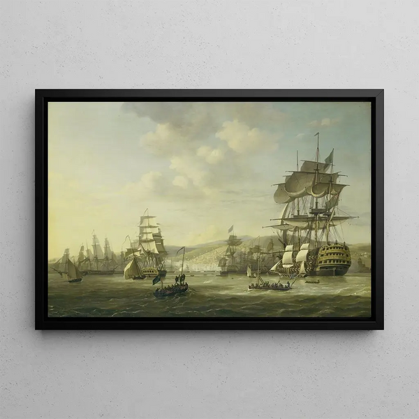 The Anglo-Dutch fleet in the Bay of Algiers supporting the ultimatum to free Christian slaves, August 26, 1816 - Nicolaas Baur — framed artwork on a wall