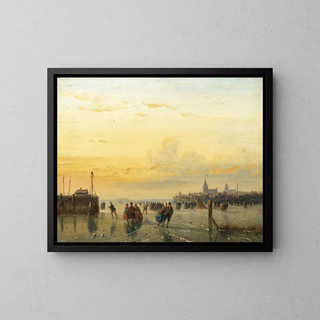 numerous skaters near a city - Nicolaas Johannes Roosenboom — framed artwork on a wall