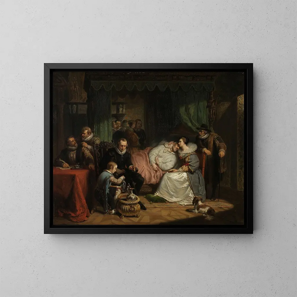 Prince William I being breastfed by his wife Charlotte of Bourbon after the assassination attempt in Antwerp in 1582 - Nicolaas Pieneman — framed artwork on a wall