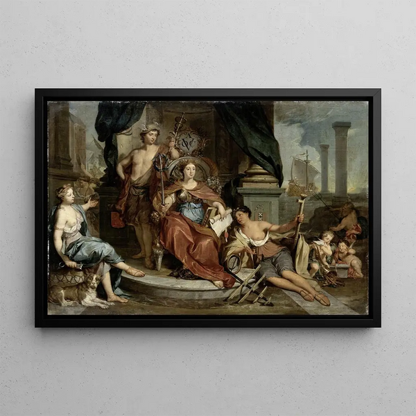 Apotheosis of the Dutch East India Company Allegory of the Amsterdam Chamber of Commerce of the VOC - Nicolaas Verkolje — framed artwork on a wall