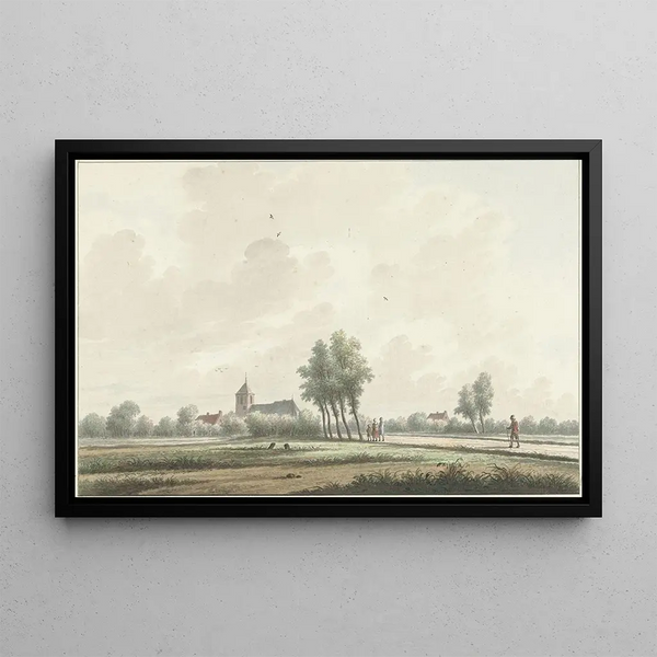 a landscape with a church on the horizon - Nicolaas Wicart — framed artwork on a wall