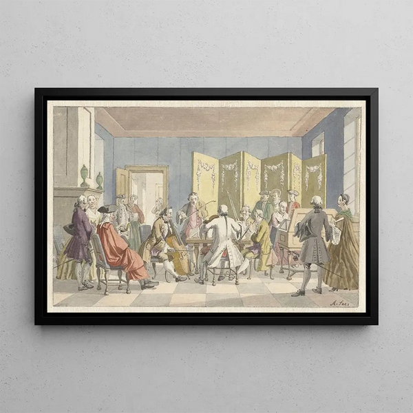 Interior painting with a group of musicians - Nicolaes Aartman — framed artwork on a wall