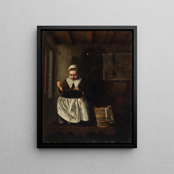 A girl sewing - Nicolaes Maes — framed artwork on a wall