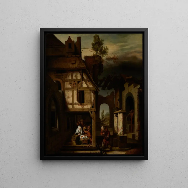 Adoration of the Shepherds - Nicolaes Maes — framed artwork on a wall