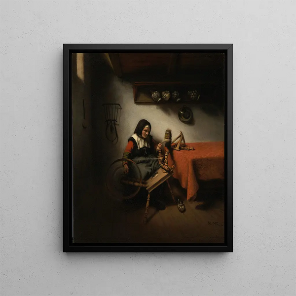 Old woman spinning - Nicolaes Maes — framed artwork on a wall