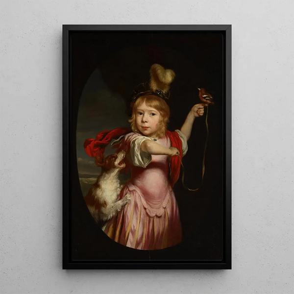 Portrait painting of a boy in a classic suit with a bullfinch and a spaniel - Nicolaes Maes — framed artwork on a wall