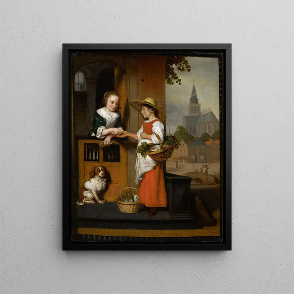 Vegetable Vendor - Nicolaes Maes — framed artwork on a wall