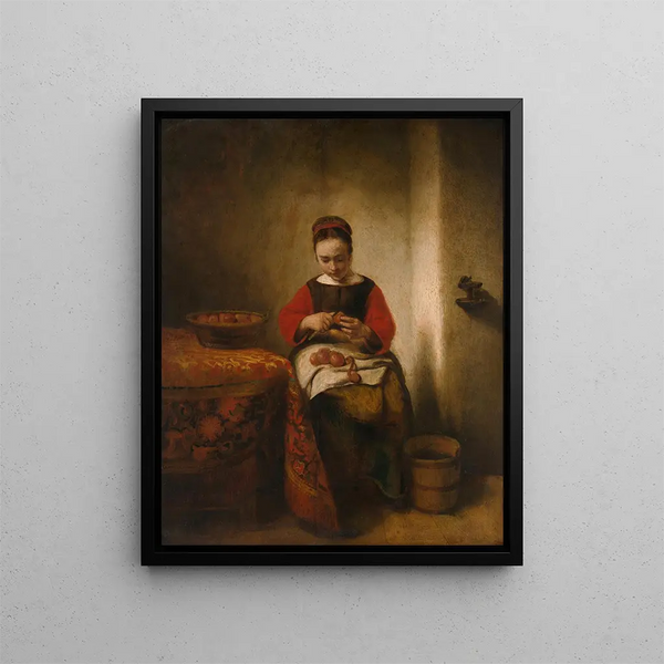 Young woman peeling apples - Nicolaes Maes — framed artwork on a wall