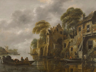 a river landscape with fishermen loading their nets near a city - Nicolaes Molenaer — artwork view