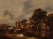 River landscape painting with village walls and conversing figures in the foreground - Nicolaes Molenaer — artwork view