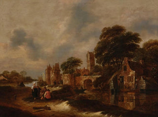 River landscape painting with village walls and conversing figures in the foreground - Nicolaes Molenaer — artwork view