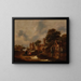 River landscape painting with village walls and conversing figures in the foreground - Nicolaes Molenaer — framed artwork on a wall