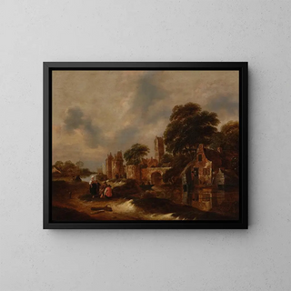 River landscape painting with village walls and conversing figures in the foreground - Nicolaes Molenaer — framed artwork on a wall