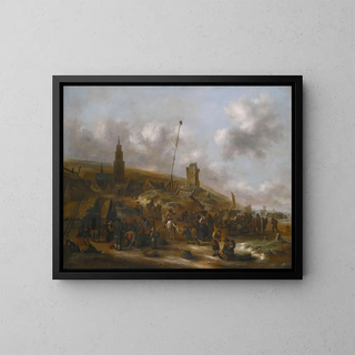 La plage de Scheveningen avec des pêcheurs déchargeant leur prise - Nicolaes Molenaer — framed artwork on a wall