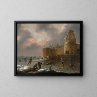 Winter landscape painting with skaters - Nicolaes Molenaer — framed artwork on a wall