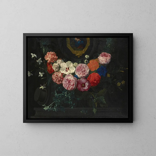 a Garland of Flowers Surrounding a Cartouche with the Virgin and Child - Nicolaes van Verendael — framed artwork on a wall