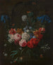 a bouquet of roses, peonies, anemones, snowballs, carnations, and other flowers hanging from ribbons in front of a stone niche - Nicolaes van Verendael — artwork view