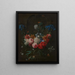 a bouquet of roses, peonies, anemones, snowballs, carnations, and other flowers hanging from ribbons in front of a stone niche - Nicolaes van Verendael — framed artwork on a wall