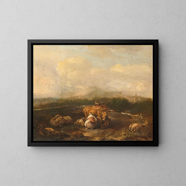 Italian landscape painting with livestock - Nicolaes van Helt Stockade — framed artwork on a wall