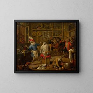 L'atelier des coiffeurs de singes - Nicolaes van Veerendael — framed artwork on a wall