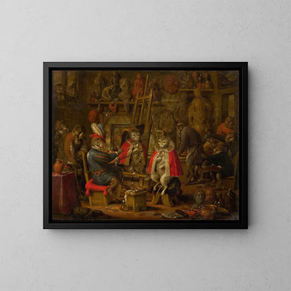 L'atelier du peintre singe - Nicolaes van Veerendael — framed artwork on a wall