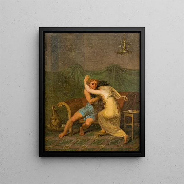 Catullus and Lesbia seeking comfort in his arms for his death spurs - Nicolai Abildgaard — framed artwork on a wall