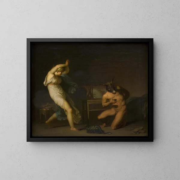 Fotis painting sees her lover Lucius transformed into a donkey, motif from The Golden Ass - Nicolai Abildgaard — framed artwork on a wall