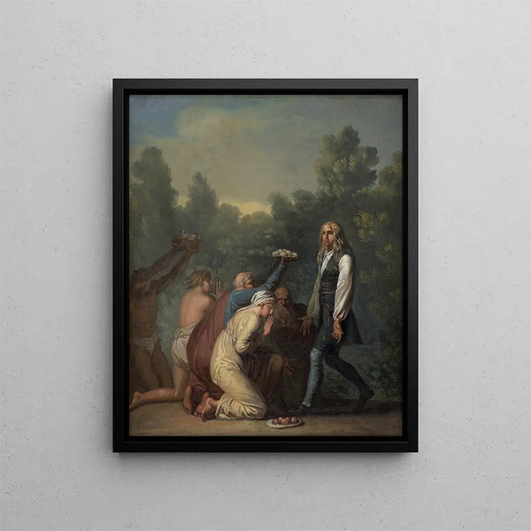Niels Klim receives homage from the Quamites - Nicolai Abildgaard — framed artwork on a wall