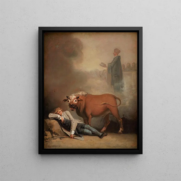Niels Klim croit entendre le diacre lorsqu'il est réveillé par un taureau - Nicolai Abildgaard — framed artwork on a wall