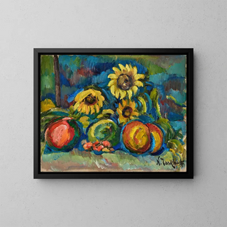 Still life with fruits and sunflower - Nicolas Alexandrovitch Tarkhoff — framed artwork on a wall