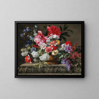 Nature morte with roses, tulips, anemones, lilac branches, viburnums, and bushes - Nicolas Baudesson — framed artwork on a wall