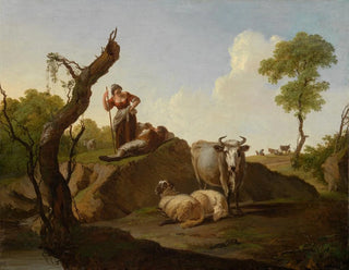 Landscape painting with a flock and a couple of shepherds - Nicolas Henri Joseph de Fassin — artwork view