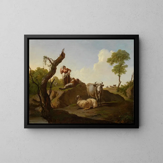 Landscape painting with a flock and a couple of shepherds - Nicolas Henri Joseph de Fassin — framed artwork on a wall