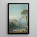 Landscape painting with a fisherman by the edge of a lake, in the background a large dovecote - Nicolas Jacques Julliard — framed artwork on a wall