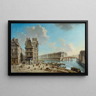 La Grève, l'île Saint-Louis et le pont Rouge vus de la place de la Grève - Nicolas Jean-Baptiste Raguenet — framed artwork on a wall