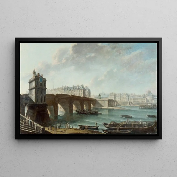 La Pompe de la Samaritaine, le Pont-Neuf et l'île de la Cité, le quai de Conti vus du quai du Louvre - Nicolas Jean-Baptiste Raguenet — framed artwork on a wall