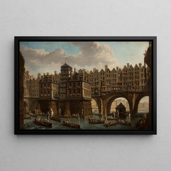 La joute des mariniers entre le pont Notre-Dame et le pont au Change - Nicolas Jean-Baptiste Raguenet — framed artwork on a wall