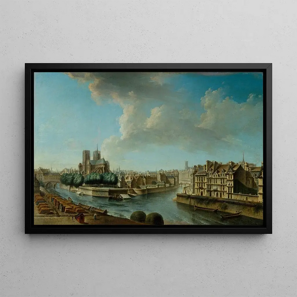 Le Chevet de Notre-Dame and the western tip of Île Saint-Louis - Nicolas Jean-Baptiste Raguenet — framed artwork on a wall