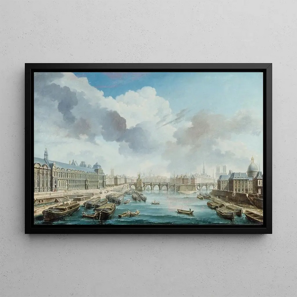 The Louvre, the Pont-Neuf, and the Collège des Quatre-Nations (now the Institut de France) seen from the Royal Bridge - Nicolas Jean-Baptiste Raguenet — framed artwork on a wall