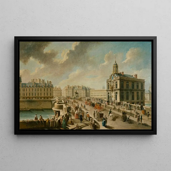 The Pont Neuf and the Samaritan Pump seen from the Quai de la Mégisserie - Nicolas Jean-Baptiste Raguenet — framed artwork on a wall
