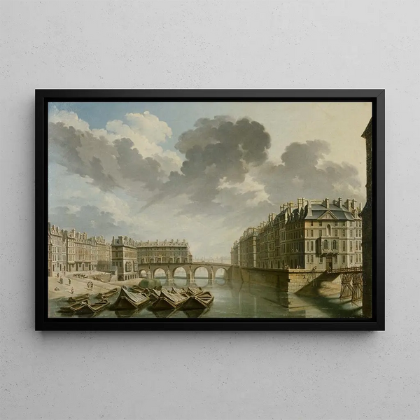 Le Quai des Ormes, current quai de l'Hôtel de Ville, the Pont Marie, and Île Saint-Louis - Nicolas Jean-Baptiste Raguenet — framed artwork on a wall