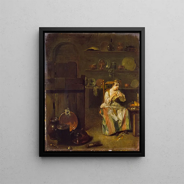 A young woman in a kitchen - Nicolas Lancret — framed artwork on a wall