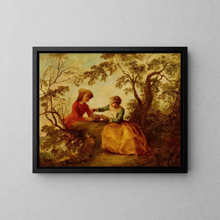 a young couple in a romantic courtship above a bird's nest - Nicolas Lancret — framed artwork on a wall