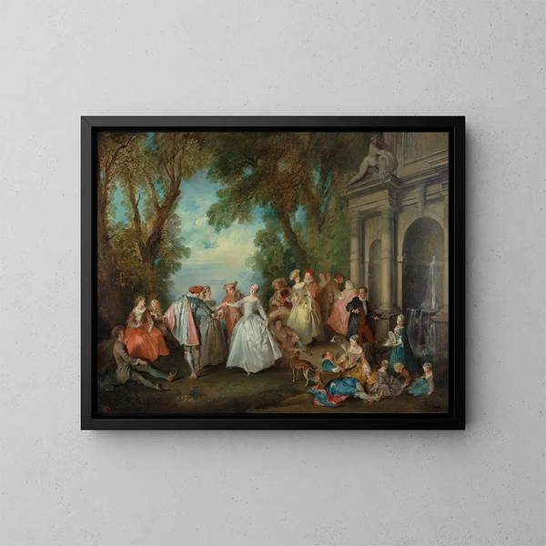 Dance in front of a fountain - Nicolas Lancret — framed artwork on a wall